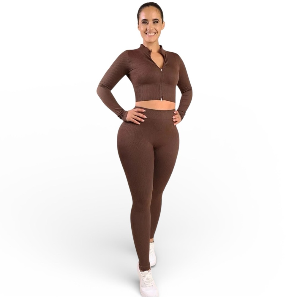 Brown Ribbed Cropped Zip-Up Sweater – Size S - Picture 5 of 6